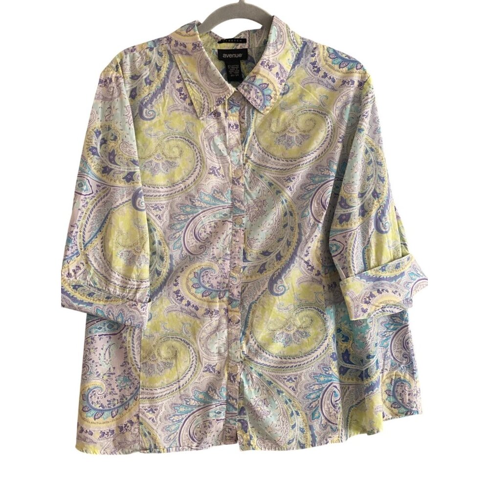 Avenue Blouse Stretch Paisley Green Blue Button Front 3/4 Cuff Sleeve Women 22